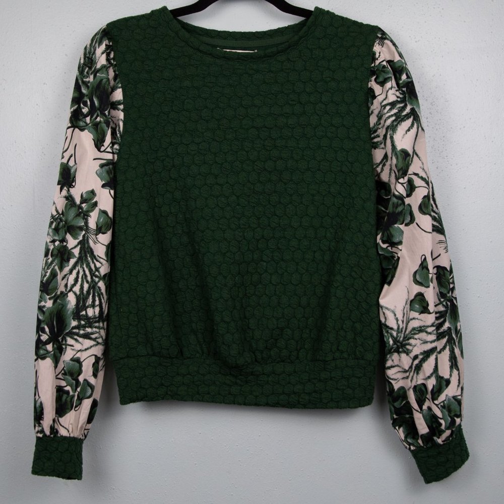 Anthropologie Porridge green textured floral sleeve mixed media sweatshirt-XS